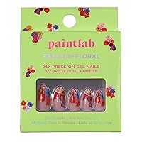 PaintLab Press On Nails, 24 Piece Fake Nails Kit Plus Nail Glue, Nail File, Prep Pad and Cuticle Stick, Gel Nail Kit for Women and Girls, Frenchie Floral Almond