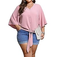 Women's Plus Size Tops Short Sleeve V Neck Tunic Blouse Tie Front Button Up T Shirts