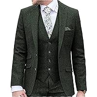 YZRIZM Men Classic Regular Fit Suit 3 Piece Tweed Herringbone Wool Tuxedos Wedding Grooms Blazer+Vest+Pants