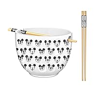 Silver Buffalo Disney Mickey Mouse Expressions Ceramic Ramen Noodle Rice Bowl with Chopsticks, Microwave Safe, 20 Ounces