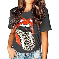 Women Red Lip Leopard Tongue Print T-Shirt Short Sleeve Cute Graphic Tee Tops