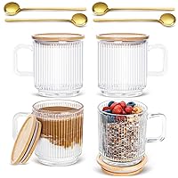 Set of 4 Glass Coffee Mugs with Bamboo Lids and Spoons, 12oz Vintage Ribbed Glassware for Latte, Tea, Cappuccino, Cute Coffee Bar Accessories Clear Glass Coffee Cups for Hot/Cold Beverages