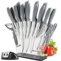MIDONE Kitchen Knife Set with Acrylic Block, 17 PCS German Stainless Steel, includes Multiple Variety of Knives, Scissor, Sharpener, All in One Knife Set, Nonstick and No Scratch, Silver