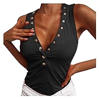 Womens Tops Short Sleeve V Neck Button Up Slim Waffle Knit Tunic Tank Shirts Summer Sleeveless Blouses