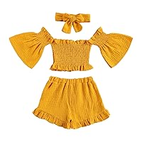 Toddler Girls Solid Colour One Shoulder Flared Sleeve Top Ruffle Shorts Set Outfits Clothes Crop