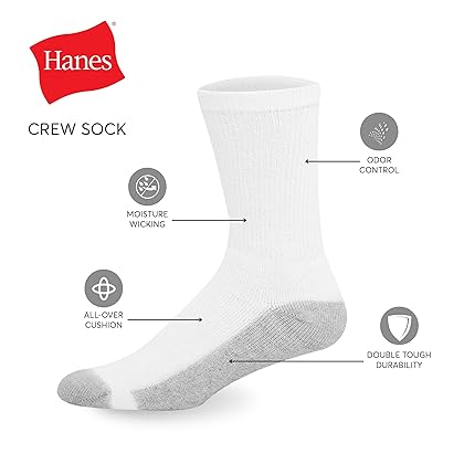 Hanes Men's Double Tough Crew Socks, 12-Pair Pack