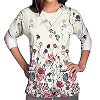 Scrub for Work Short Sleeve Floral Printed Tee Tops Plus Size V-Neck Womens Summer Tops and Blouses with Pockets,T Shirts for Women Fashion White XXL
