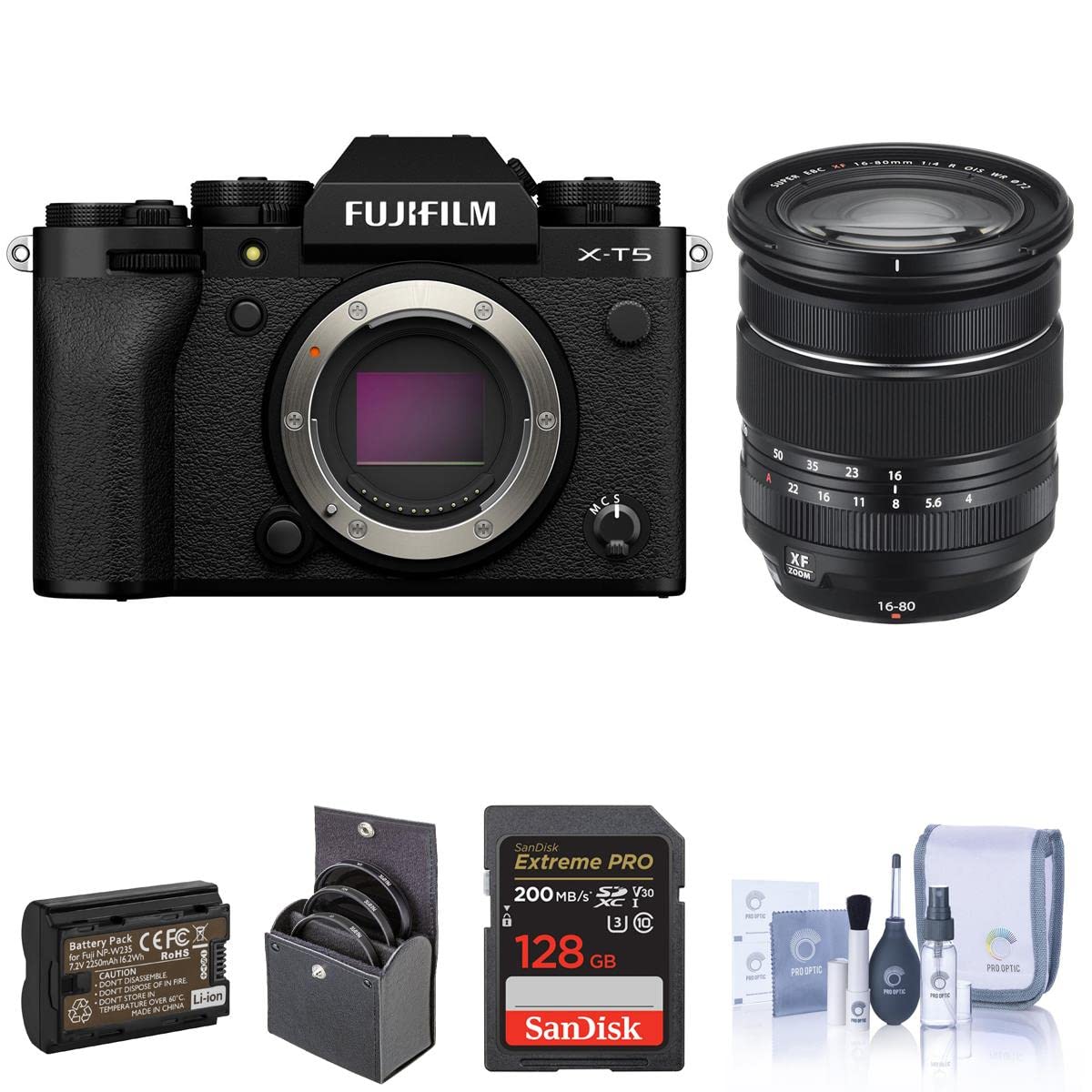 Fujifilm X-T5 Mirrorless Camera, Black with XF 16-80mm f/4.0 R OIS WR Lens, 128GB SD Card, Extra Battery, 72mm Filter Kit, Cleaning Kit