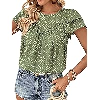 LYANER Women's Casual Ruffle Short Sleeve Round Neck Pleated Front Blouse Shirts Tops