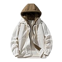 Men's Corduroy Jacket Lightweight Fleece Lined Hoodies Clolor Block Zipper Sweatshirt Coat Oversized Mens Casual Jacket