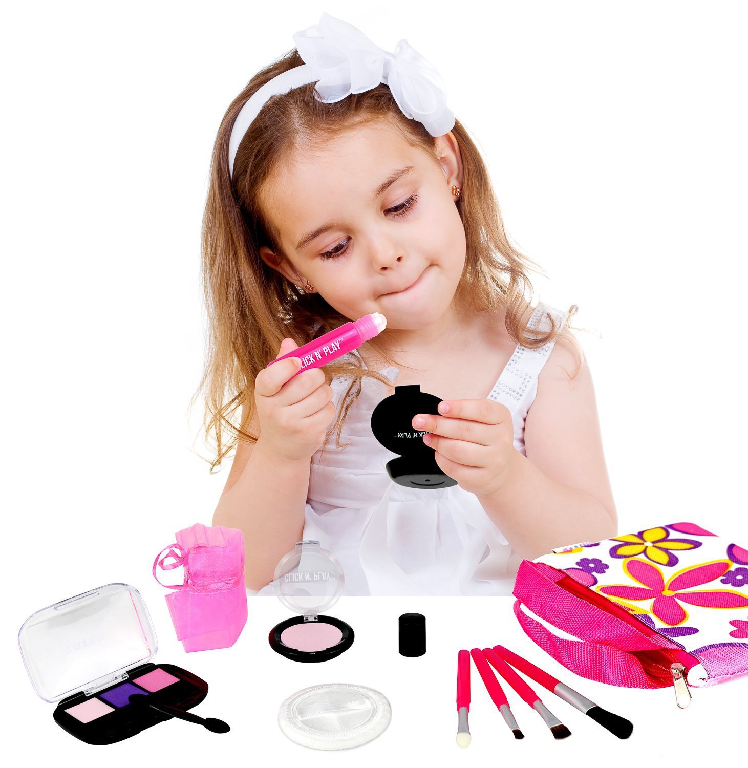 Click N' Play Cosmetic and Makeup Set for Girls, Includes Floral Tote Bag and 8-piece, for Pretend Play