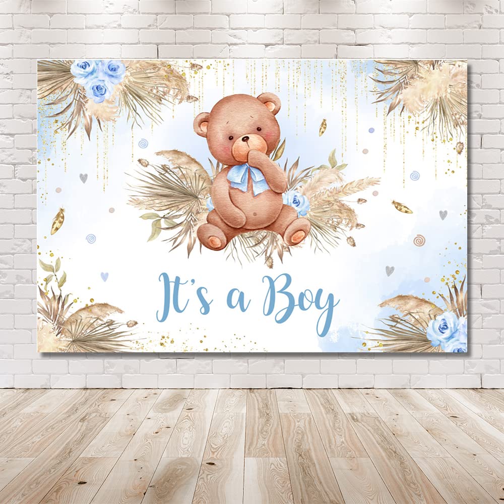 MEHOFOND Boho Bear Baby Shower Backdrop for Boy Baby Shower Party Decorations Bohemian Pampas Gass It's a Boy Baby Shower Photography Background Gold Glitter Dots Decor 10x7ft