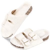 Parlovable Women's Slippers Fluffy Open Toe Fur House Shoes Arch Support Adjustable Straps Cork Slide Sandals Fuzzy Bedroom Non Slip Rubber Sole Breathable
