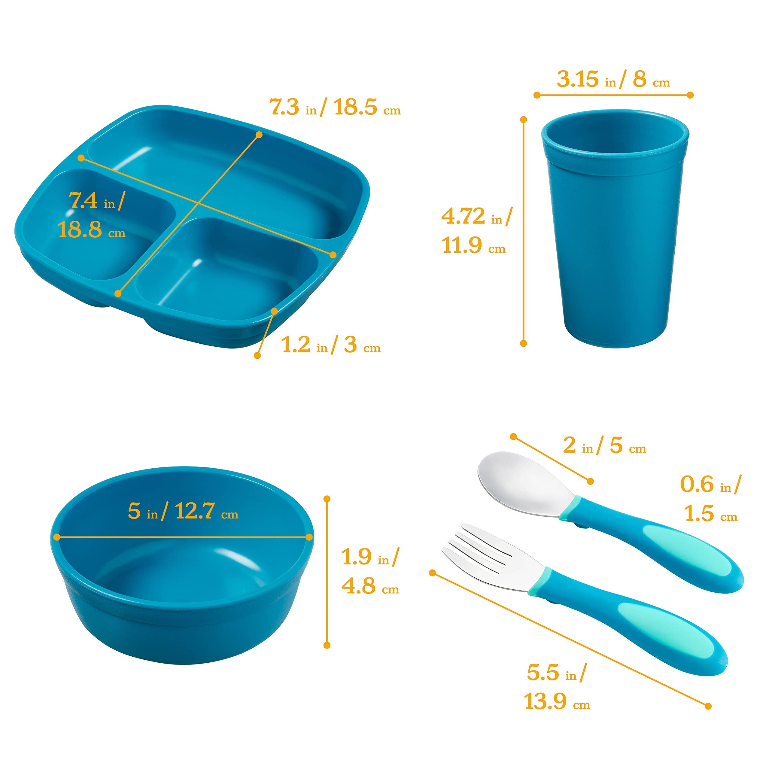 ECR4Kids My First Meal Pal Combo Set, Kids Plastic Tableware and Utensils, Children's Divided Plates, Bowls, Cups, Stainless Steel Spoons and Forks, Stackable and Dishwasher Safe, 15-Piece - Teal