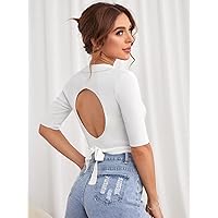 Women's Tops Shirts for Women Sexy Tops for Women Cut Out Back Wrap Crop Knit Top Tops (Color : White, Size : Small)