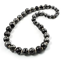 Animal Print Wooden Bead Necklace (Black & Metallic Silver) - 68cm Length