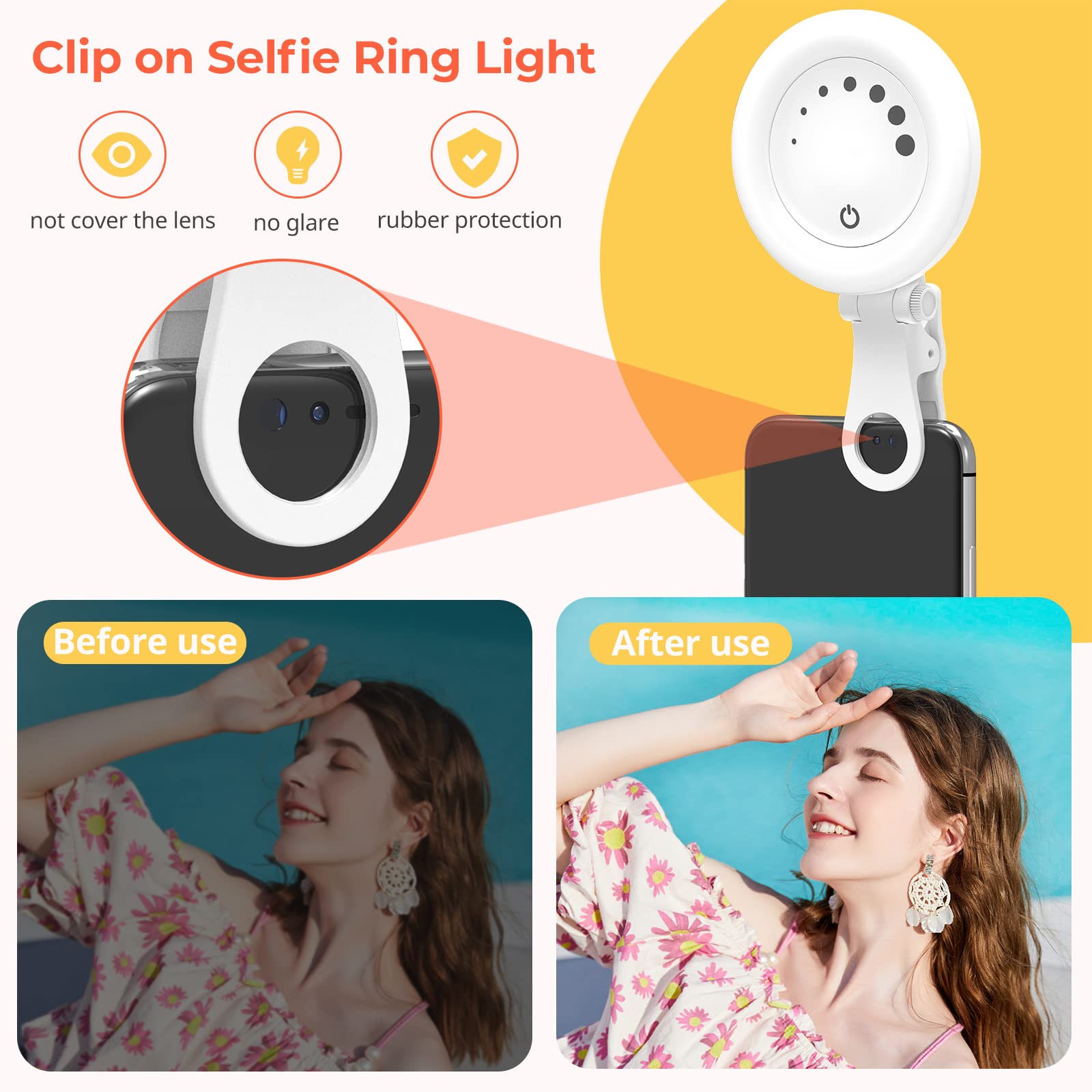 Aureday Ring Light for Phone - Selfie Light with Clip, LED Ring Light for iPhone, Portable Phone Light for Selfies, Video Recording, Makeup, Compatible with Cell Phone, Laptop, Tablet