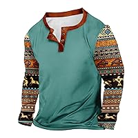 Mens Summer Casual Long Sleeve Henleys T-Shirt Single Button Western Aztec Ethnic Print Shirts Blouse for Men