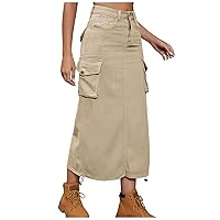 Skirts for Women Trendy Summer Cargo Skirt with Pocket, Button Zipper Maxi Skirt Women's Solid High Waist Cargo Skirts
