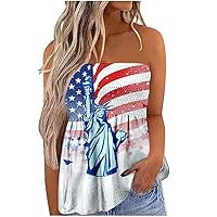 Women American Flag Tube Tops Smocked Pleated Strapless Cami Shirts Summer Casual Loose Fit Backless Bandeaus