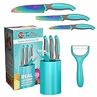 5 Piece Kids Cooking Set - Knives, Peeler, Serrated Knife and Holder in Aqua