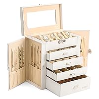 Homde Synthetic Leather Huge Jewelry Box Mirrored Watch Organizer Necklace Ring Earring Storage Lockable Gift Case (White)