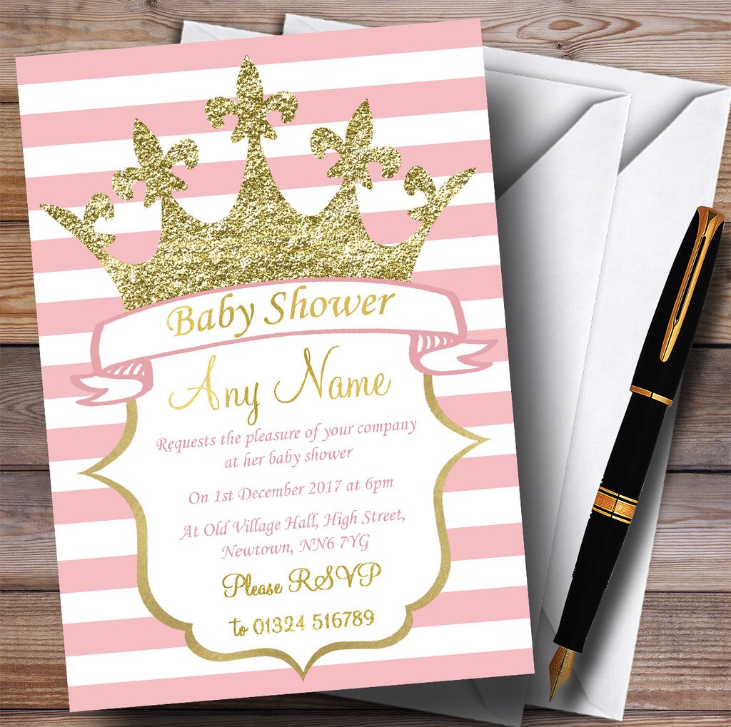 The Card Zoo Pink Stripes Gold Crown Princess Invitations Baby Shower Invitations