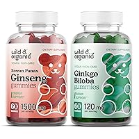 Superfood Gummy Vitamins Bundle - Korean Panax Red Ginseng Gummies (60 Chews) and Ginkgo Biloba Gummies (60 Chews) - Set of Energy and Brain Support Chewable Supplements - 2 Pack