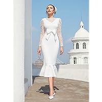 Summer Dresses for Women 2022 Contrast Embroidery Mesh Bow Front Ruffle Hem Dress Dresses for Women (Color : White, Size : X-Small)
