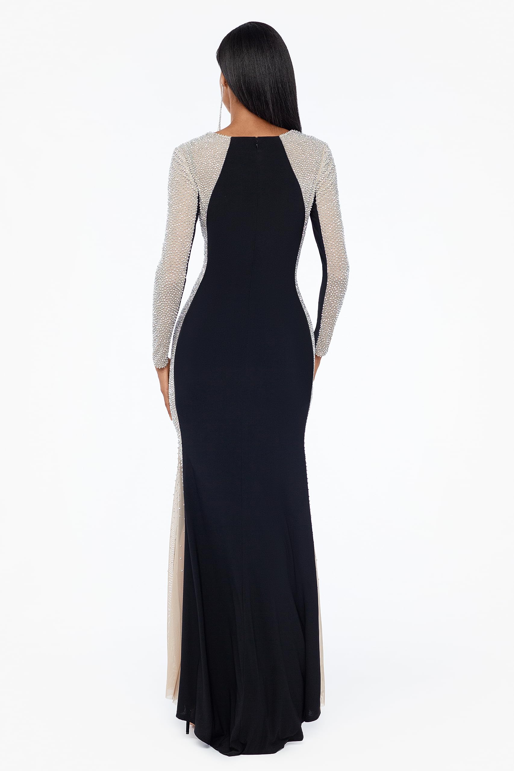 Xscape Women's Long Sleeve Square Neck Caviar Beaded Mesh Panels Dress (Standard & Petite)