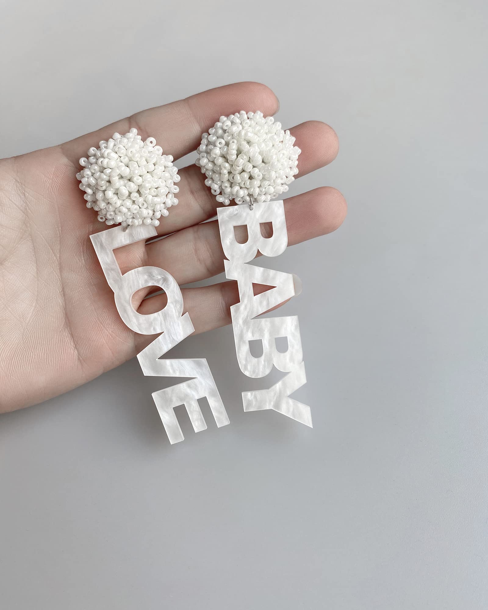 LOVE BABY Sign Earrings for First Birthday, Baby Shower, Pregnancy Announcement, Gender Reveal Party decorations – by JTRF (White)
