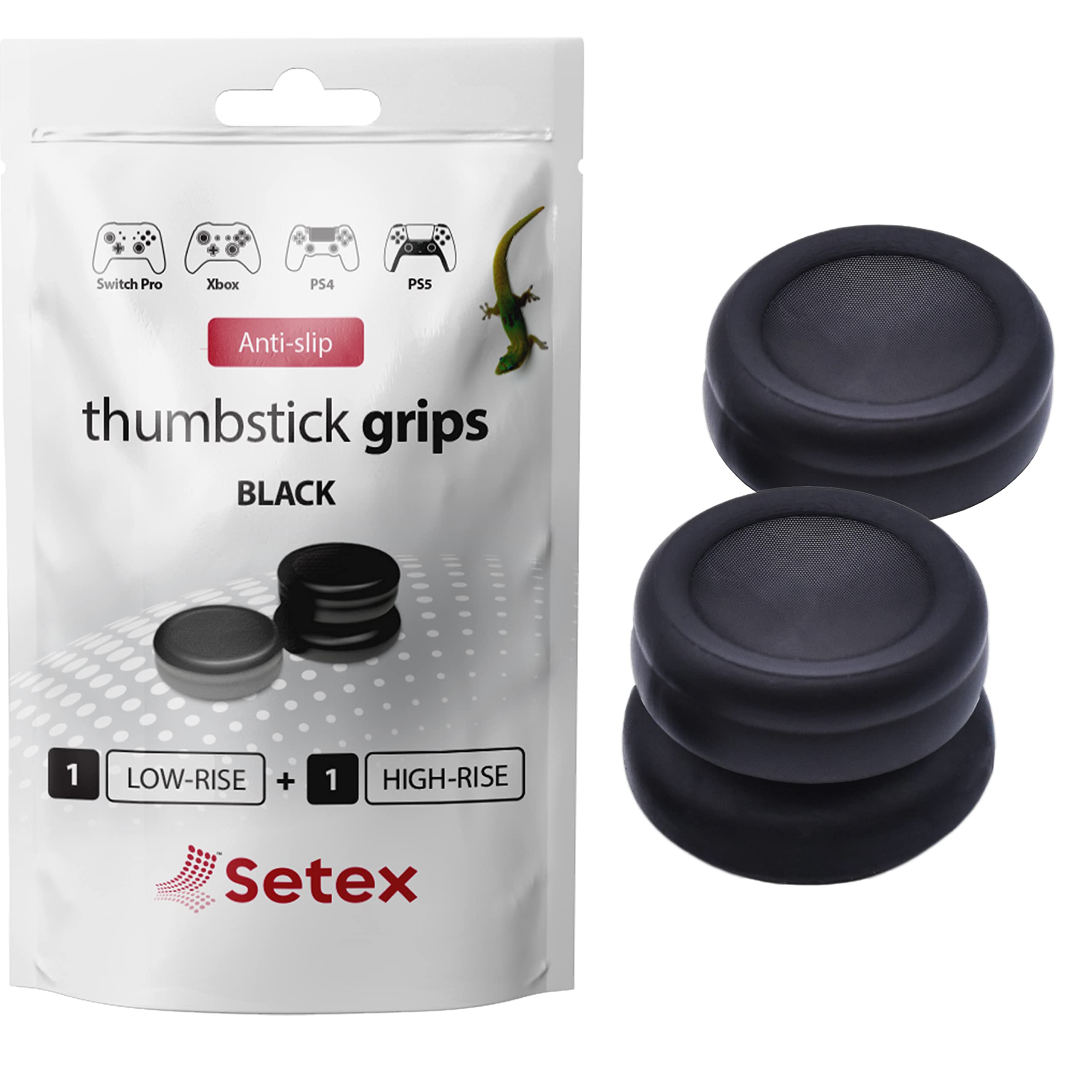 Setex Gecko Grip, 1 High Rise + 1 Low Rise Thumbstick Grip Covers, for Playstation PS5, PS4, Xbox One, Switch Pro, Steam Deck, Anti-Slip Microstructured Analog Stick Thumb Grips, Black, Covers Only