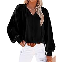 BTFBM Women Casual Satin Blouse Shirts Tie V Neck Long Lantern Sleeve Loose Lightweight Fashion 2023 Summer Spring Tops