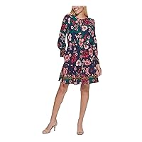 Vince Camuto Womens Green Stretch Ruffled Scuba Floral Long Sleeve Tie Neck Above The Knee Cocktail Shift Dress Petites 2P