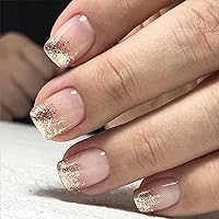 24Pcs Nude Press on Nails Square Short Fake Nails- Gold Glitter Designs Acrylic Nails Full Cover Glue on Nails French False Nails with Nail Glue Medium Artificial Nails for Women Nail Decorations