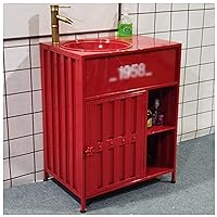 Industrial Style Vanity Unit with Basin, Modern Basin Cupboard with Faucet and Drain Free Standing Bathroom Cabinet 25.5 x 18.11 x 33.4 in,Red,Without Mirror