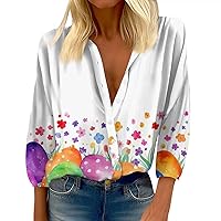 Womens Easter Tops,Women's 3/4 Length Sleeve Easter Egg and Bunny Print Shirt Round Neck Casual Top Slim Fit Button Shirts