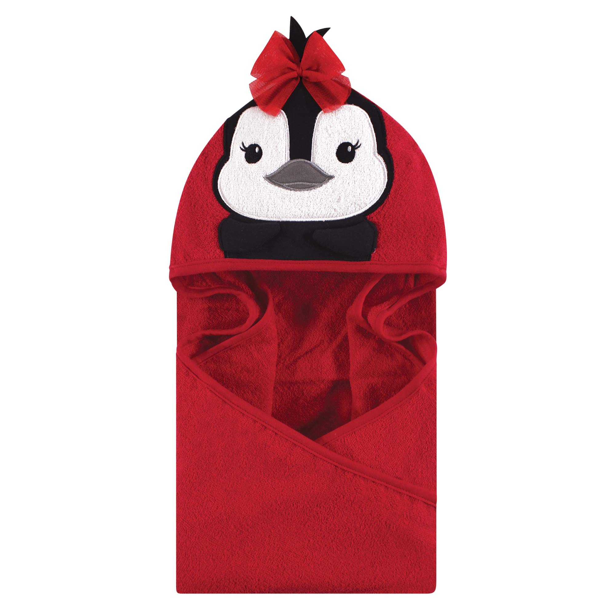 Hudson Baby Unisex Baby Cotton Animal Face Hooded Towel, Red Penguin, One Size