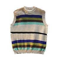 Sweater Vest Men O-Neck Y2k Clothes Striped Panelled Hollow Out Knitwear All-Match Streetwear Summer Teens