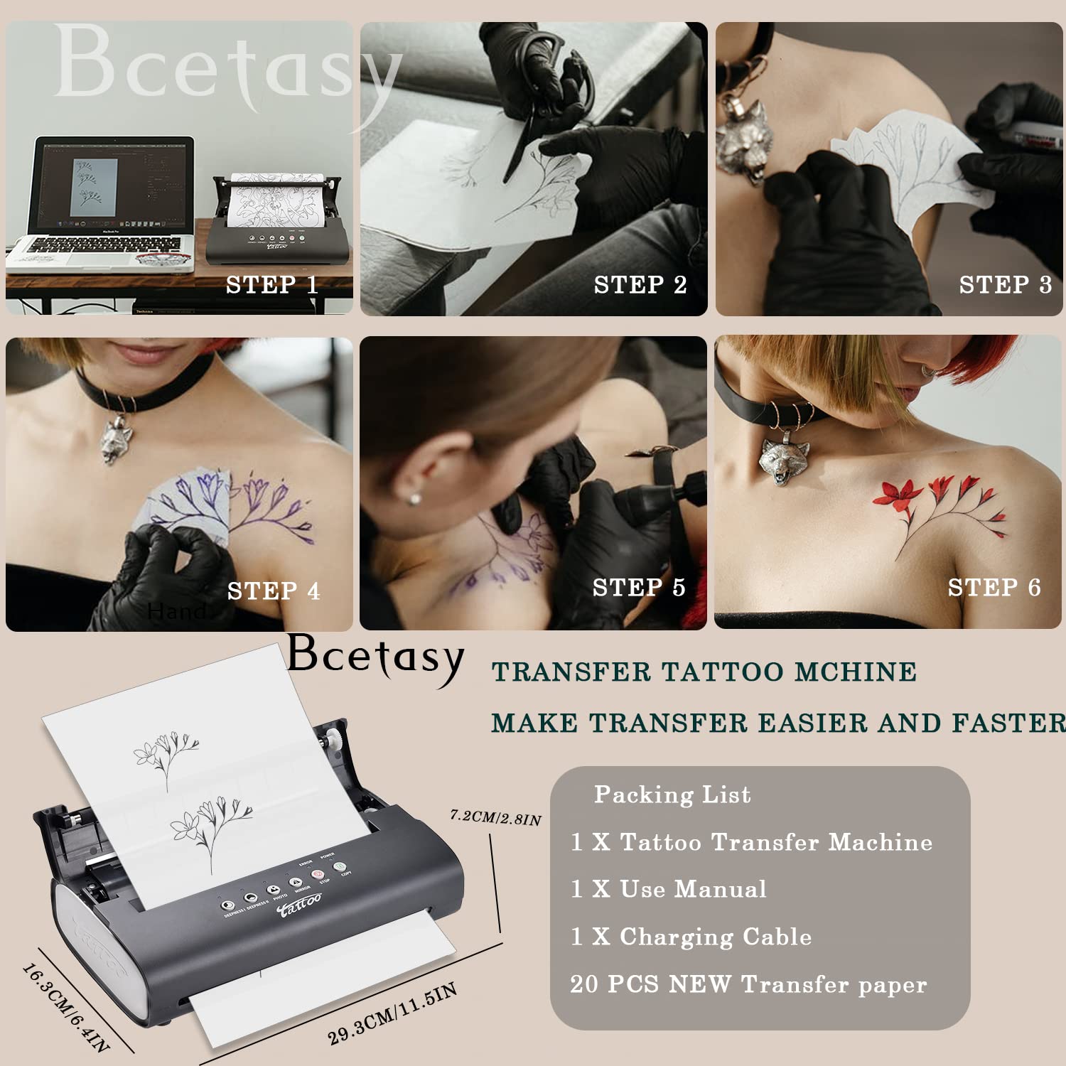 Bcetasy Tattoo Stencil Transfer Printer, With Free 20PCS Transfer Paper, Thermal Copier Machine for Tattoo Transfer Temporary and Permanent Tattoos,Lightweight Upgrade Version