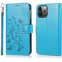 Flip Case for iPhone 13, Embossed Butterfly PU Leather Zipper Wallet Case with Wristband Card Holder Kickstand Magnetic Shockproof TPU Interior Phone Cover (Color : Blue)
