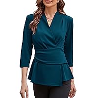 Women's 2024 Peplum Tops Dressy Wrap V Neck 3/4 Sleeve Work Blouse Solid Tie Waist Business Casual Shirts