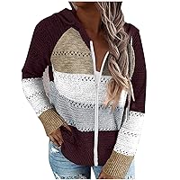 Women's Lightweight Color Block Hooded Knit Sweaters Casual Long Sleeve Zip Up Drawstring Hoodies Pullover Sweatshirts
