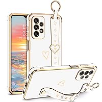 GUAGUA for Samsung Galaxy A23 4G/5G Case, Plating Love Heart Phone Case with Wristband Kickstand Holder Slim Flexible TPU Shockproof Protective Electroplated Case for Samsung A23 5G 6.6 Inch, White