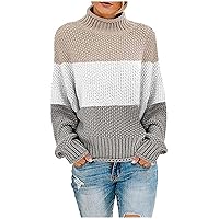 Chunky Knit Sweater for Women Mock Neck Pullover Jumper Soft Trendy Color Block Sweaters Loose Long Sleeve Jumpers