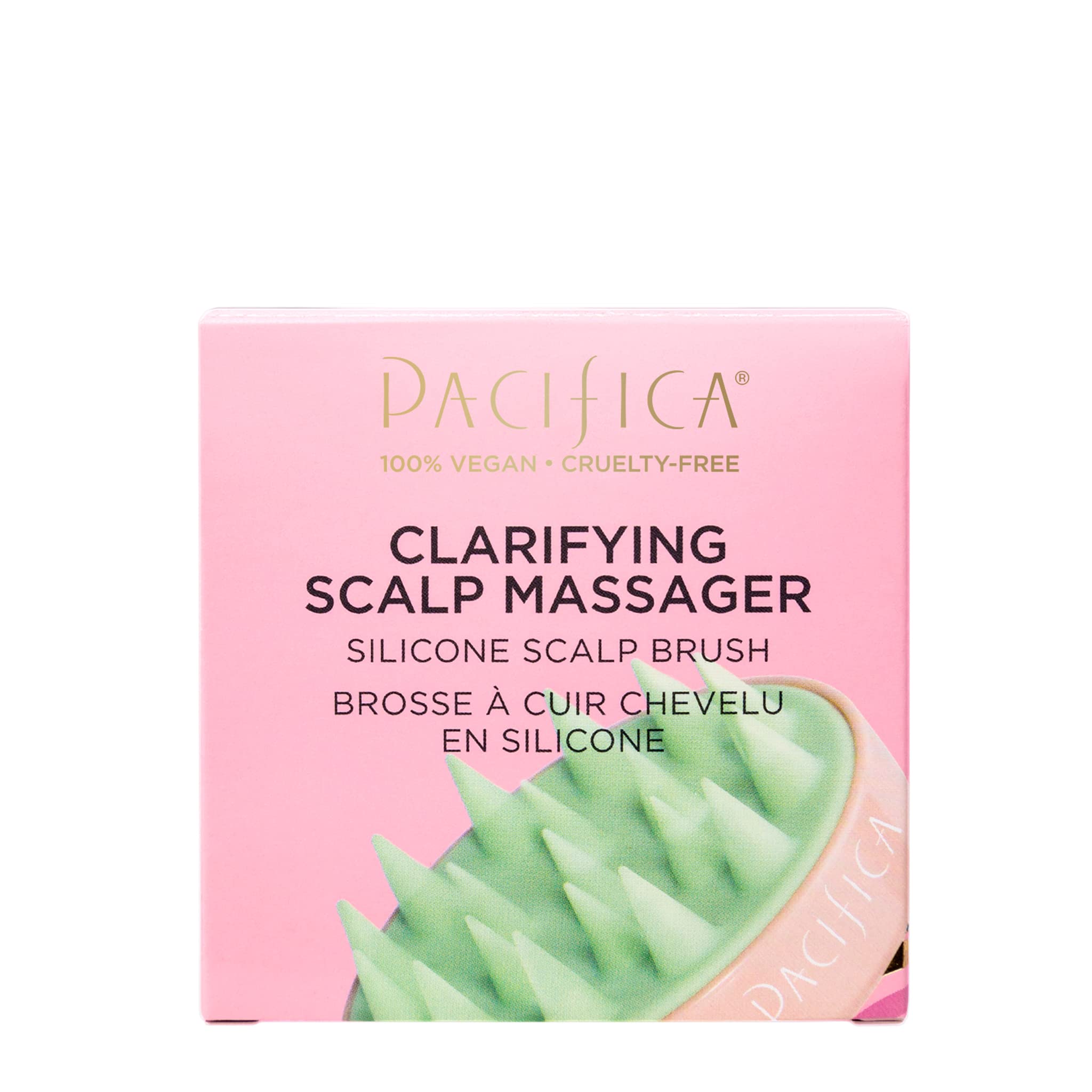 Pacifica Beauty | Clarifying Shampoo Brush | Exfoliating Scalp Massager | Flexible Silicone Brushes | Ergonomic Handle | Hair Care/Scalp Care | Waterproof | Pink + Green | Vegan