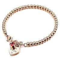 MeMeDIY Personalized Bracelet Engraving Names Initial Letter Custom Birthstone Ankle for Women Stainless Steel Adjustable Bead Link with Heart Round Tag Dainty Jewelry Gold Color