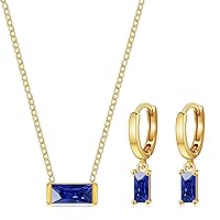 Dainty Gold September Sapphire Birthstone Pendant Necklace with Small Huggie Hoop Dangle Earrings Jewelry Set for Women Girls