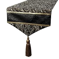 The HomeCentric Decorative Black Table Runner 8 Seater Table Runner (16 x 108 inch), Tassles & Marble Pattern Table Runner, Leather Fabric Table Linen, Abstract Halloween Decorations - Leather Runway