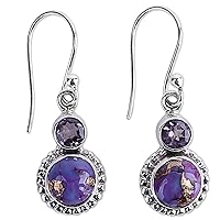 NOVICA Handmade .925 Sterling Silver Amethyst Dangle Earrings Composite Turquoise Reconstituted Purple India Birthstone [1.3 in L x 0.4 in W x 0.2 in D] 'Purple Glamour'